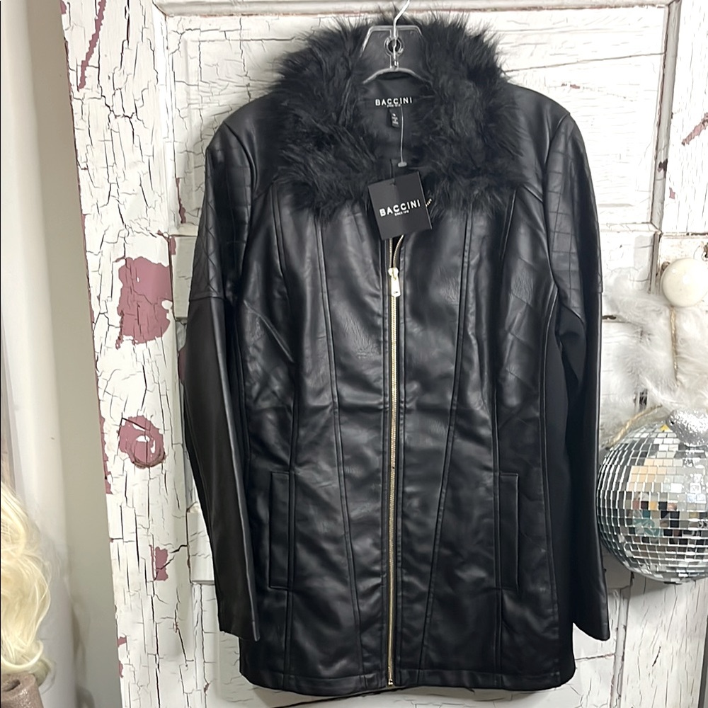 BACCINI NWT Since 1978 Faux Leather Coat Black Sz Med MSRP $298 ➡️22”⬇️29”